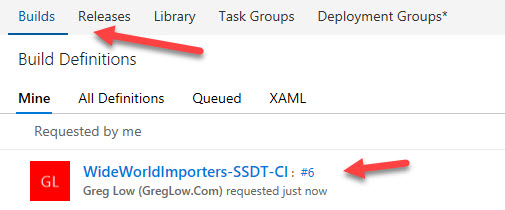 A callout points to the Builds tab. A second callout points to the WideWorldImports-SSDT-CI link.